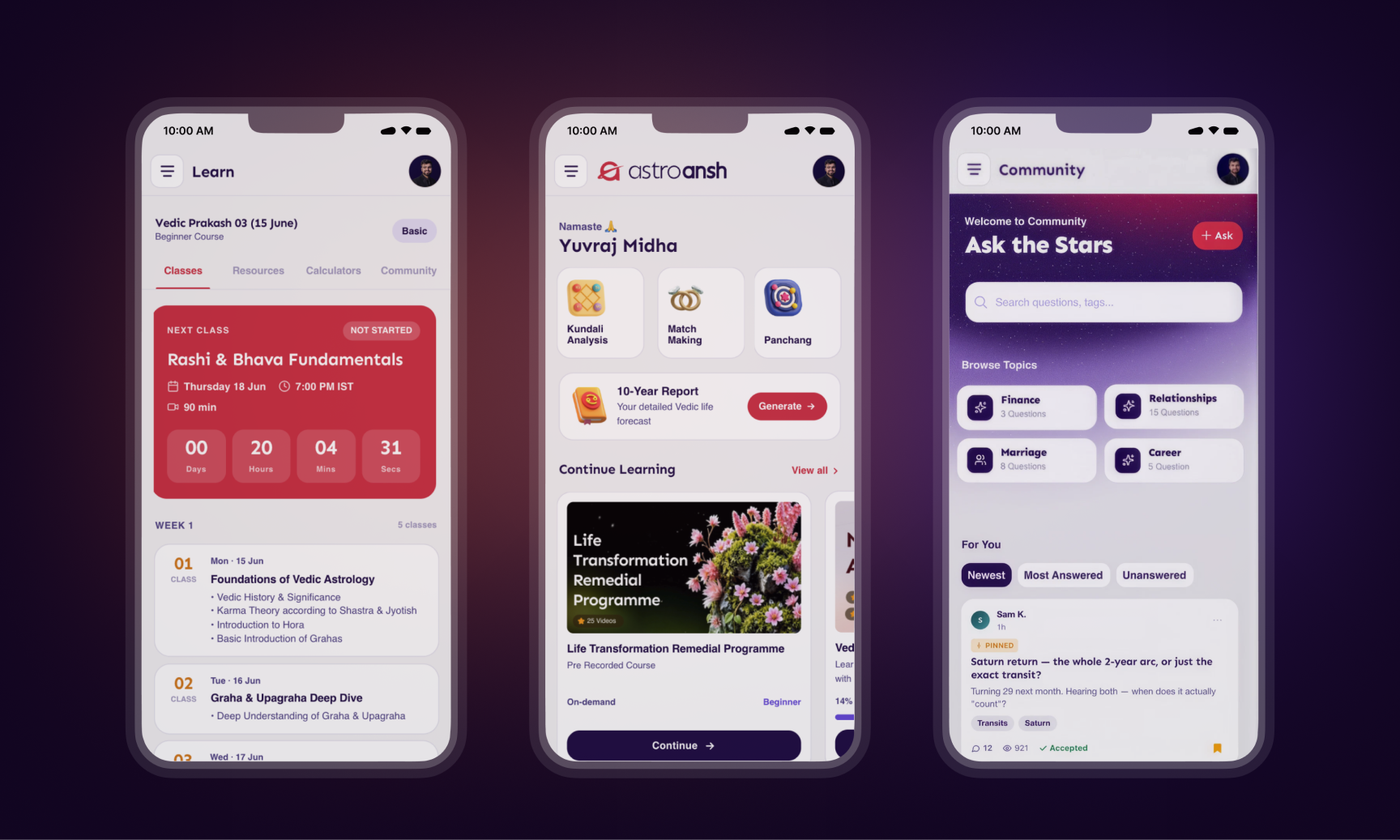 The AstroAnsh v2 app, across its main screens
