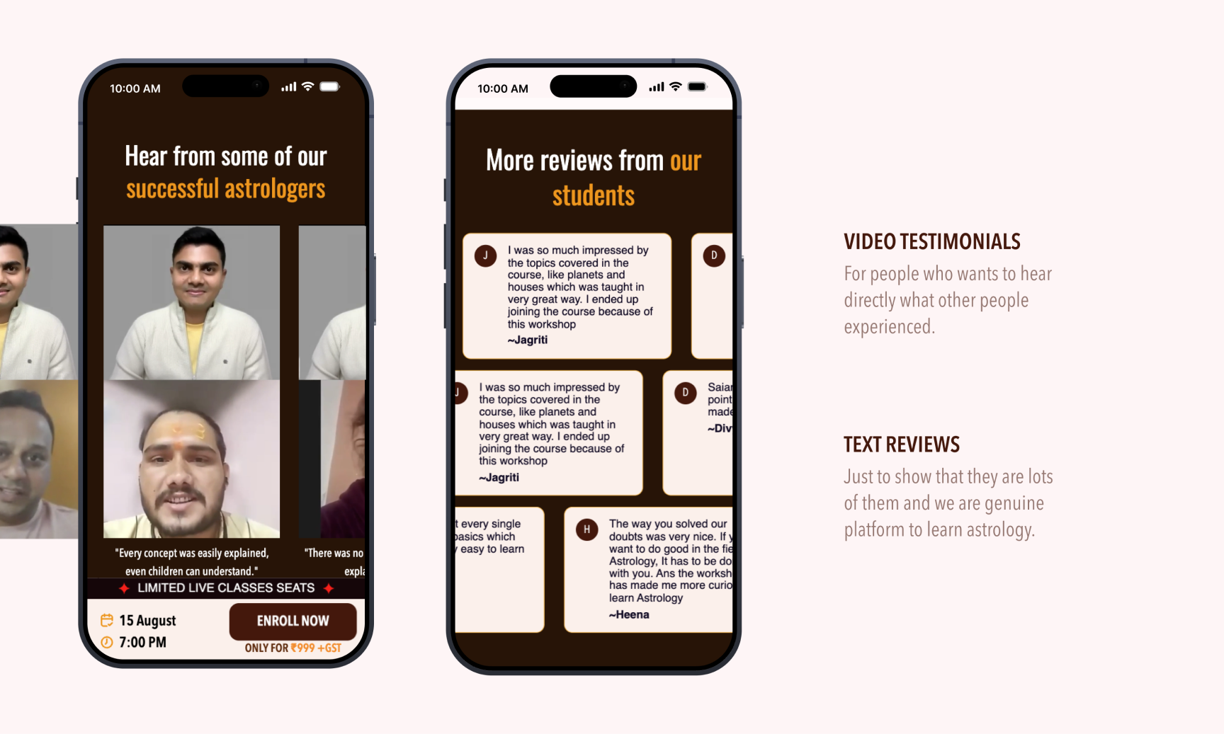 Video testimonials high in the page, written reviews deep in it