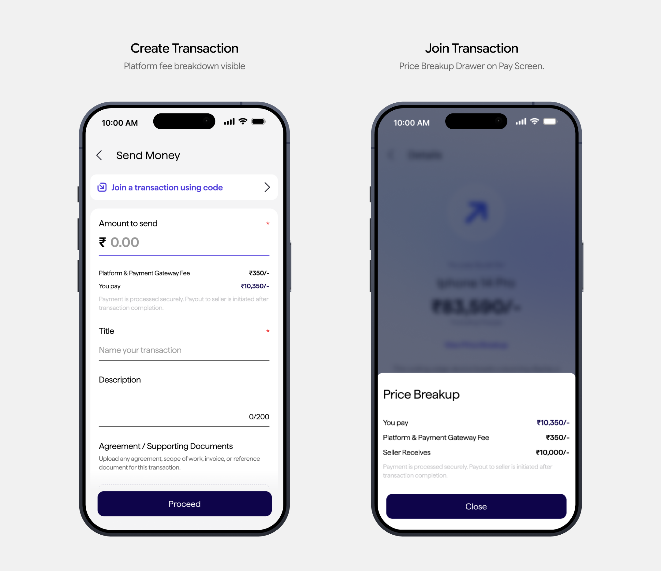 The live fee breakdown on the create screen