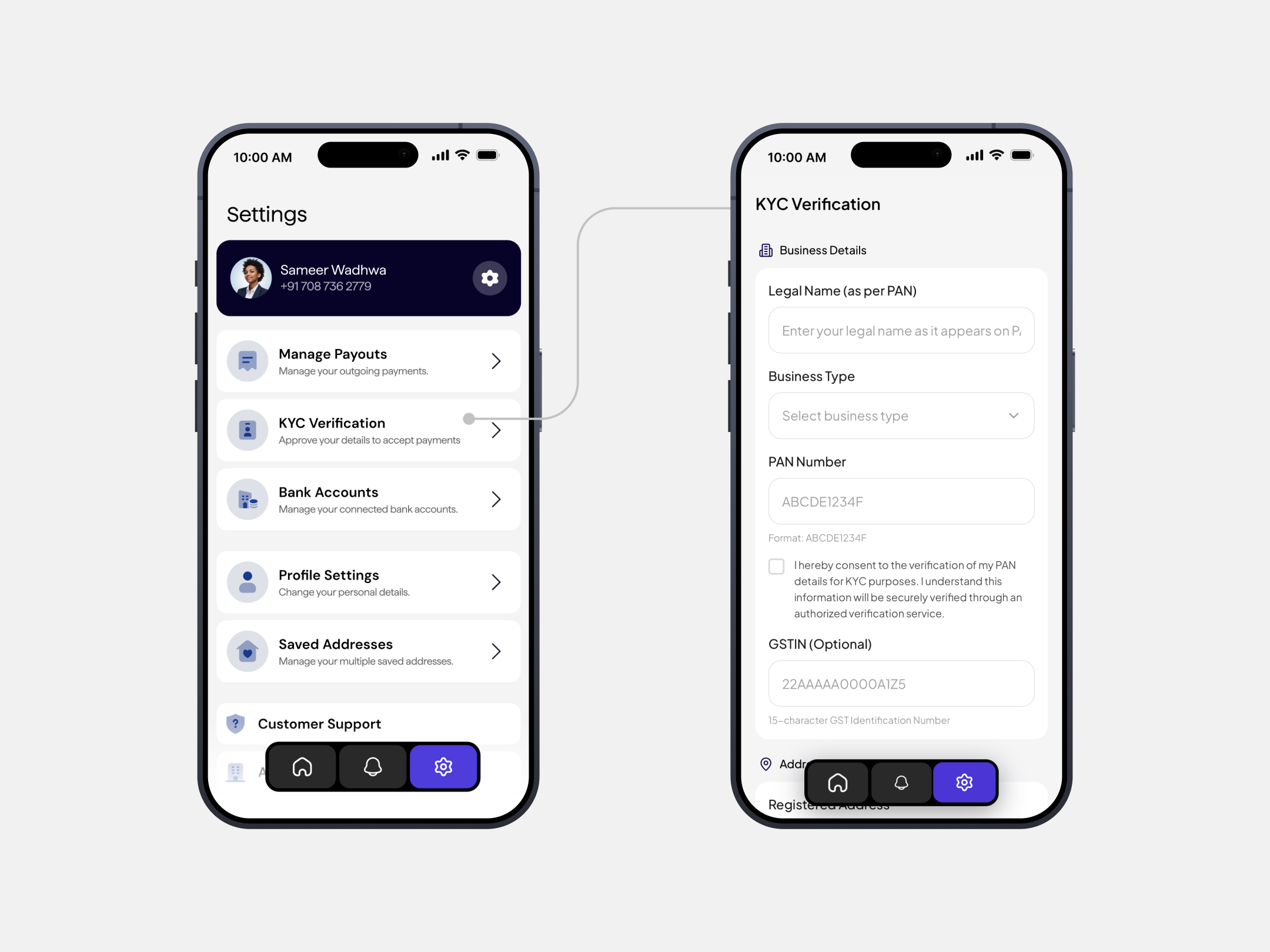 KYC verification and payouts at the top level of settings