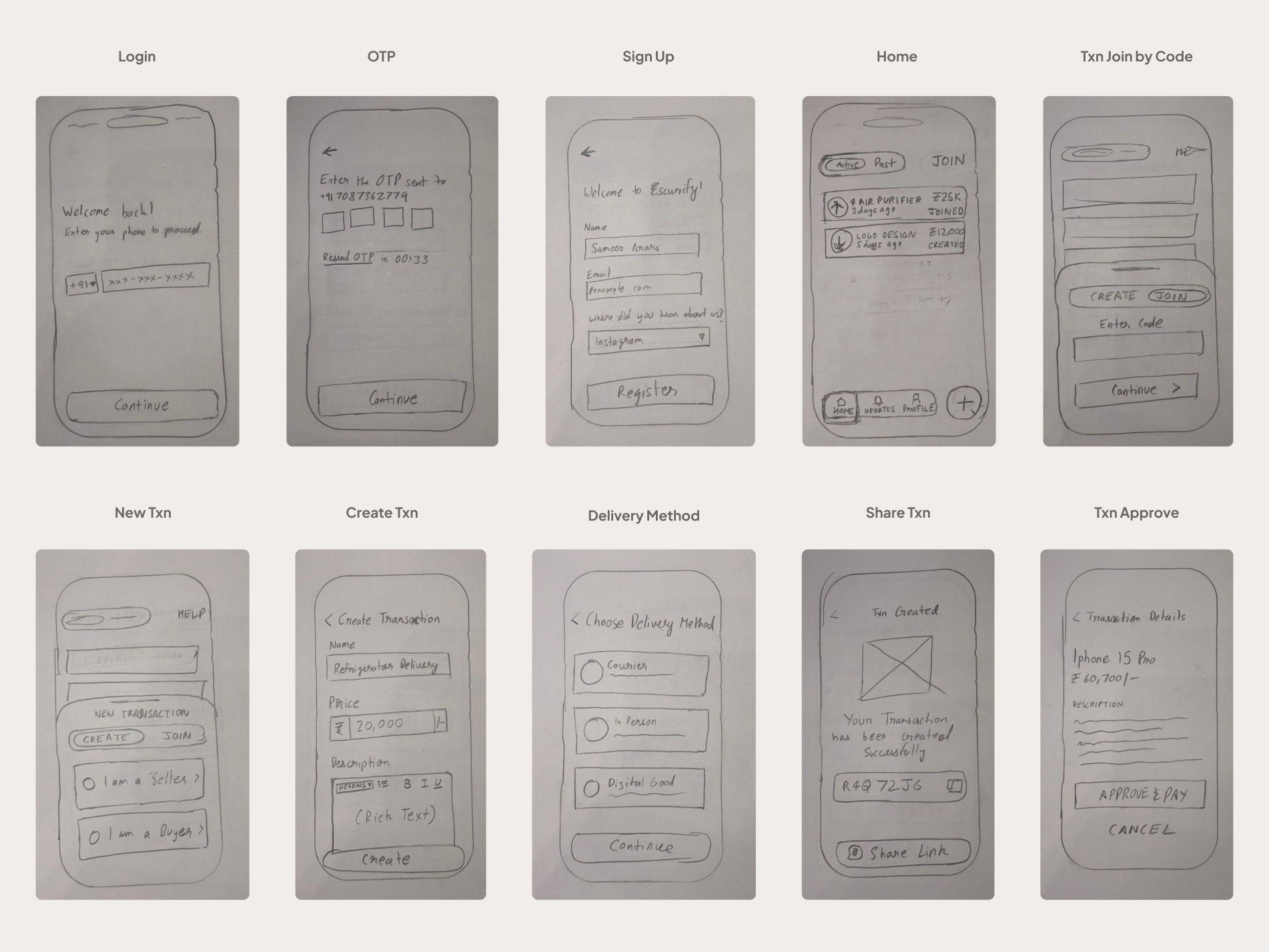 Low-fidelity wireframes for the shared screens
